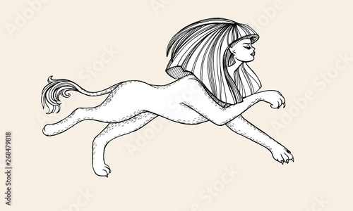 Vector lined running sphinx. Hand drawing liner