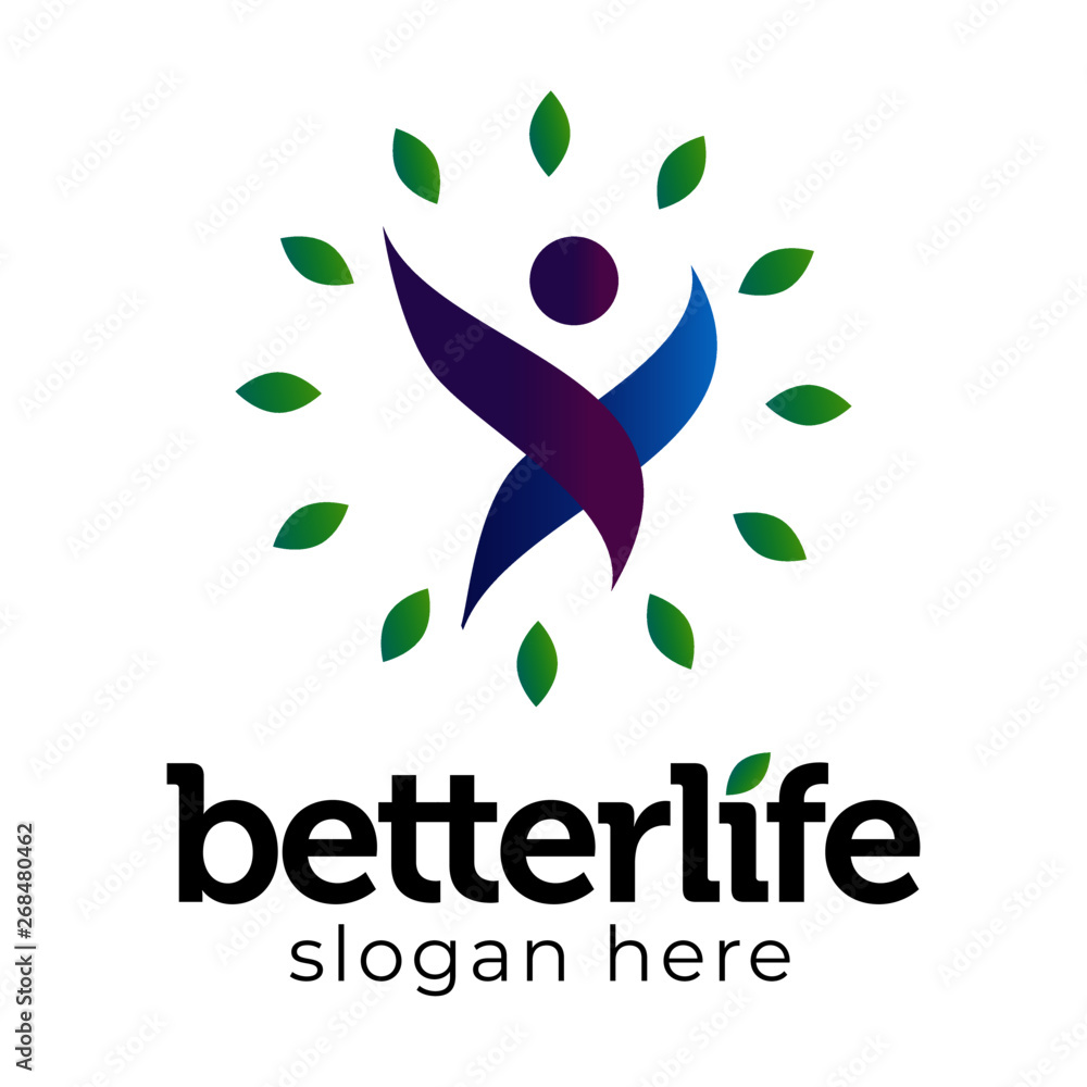 better life organic logo concept with rounded leaves and v people shape  Stock Vector
