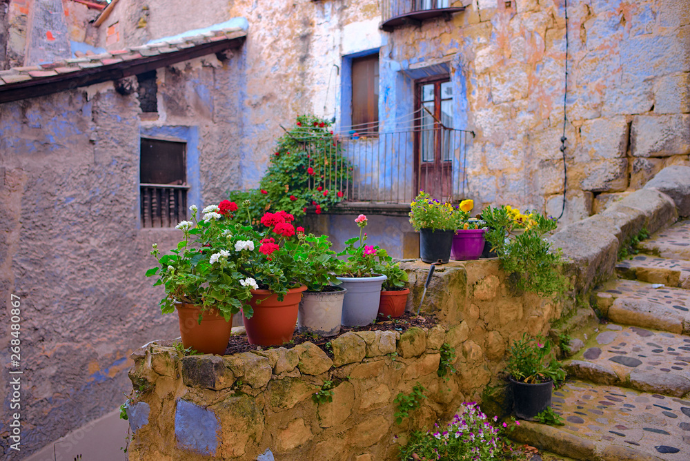Pots with flowers in Valderrobres. Spain