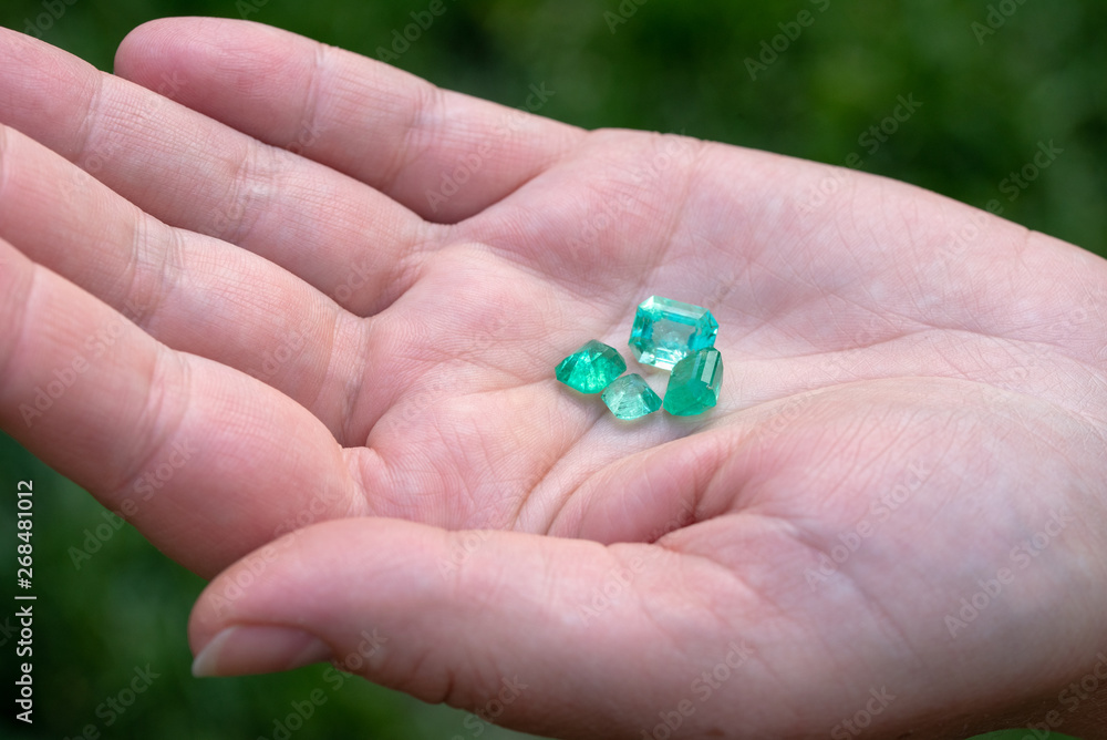 Natural Green Emeralds on The Hand Natural Green Emeralds on The Hand