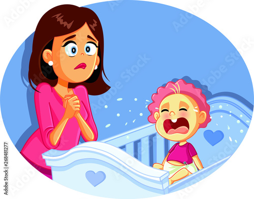 Baby Crying Next to Worried Mother Vector Illustration