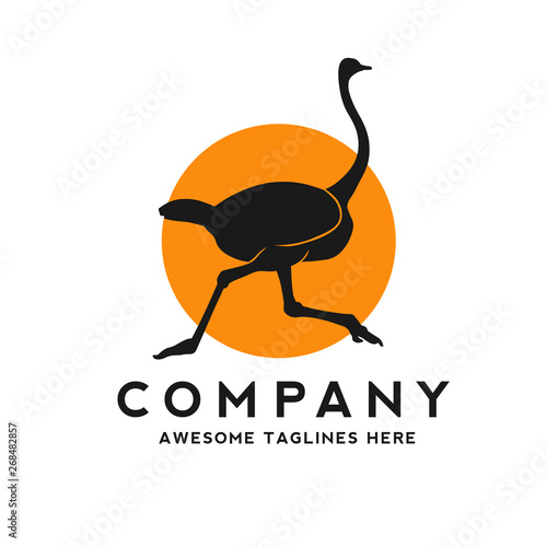 Silhouette of a running ostrich with circle color background hand drawn vector illustration