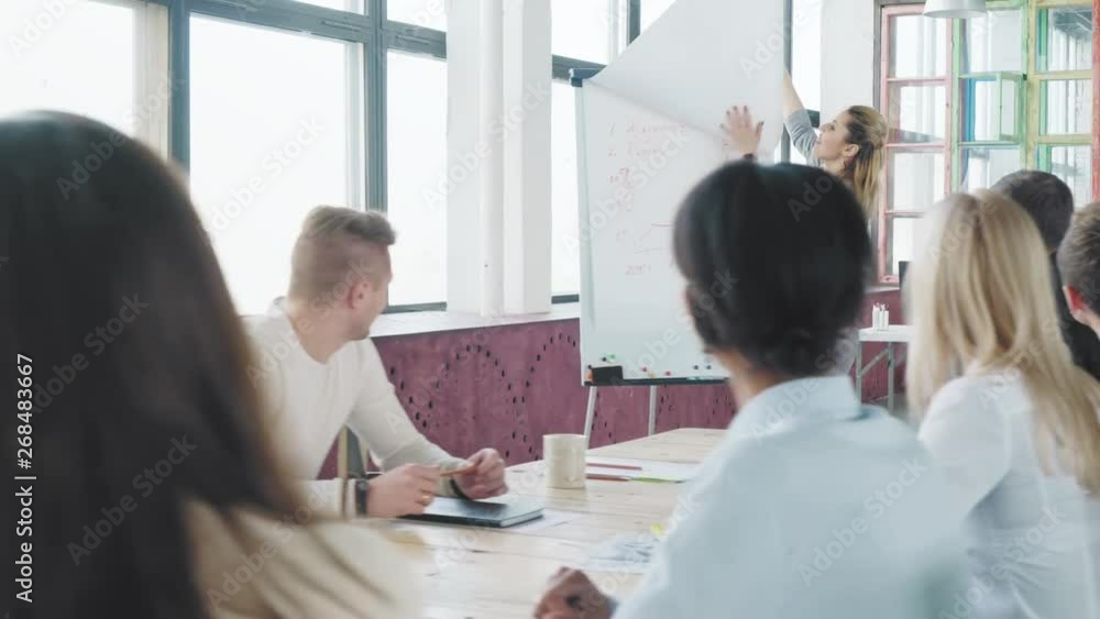 Business startup team holds a meeting at a large table. Girl manager holds a presentation near the flipchart and turns the sheet. Coworking. Office life Business startup team holds a meeting at a large table. Girl manager holds a presentation near the flipchart and turns the sheet. Coworking. Office life