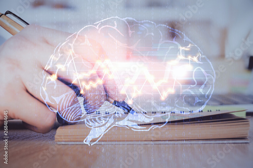 Haman brain multi exposure icon with man hands background.