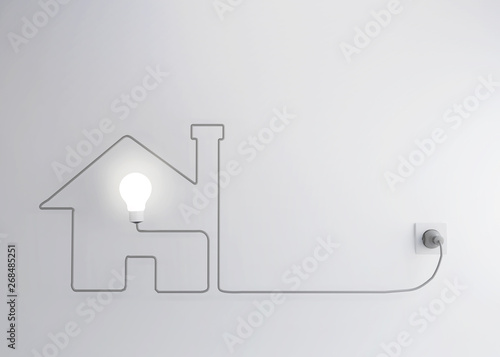 Household power saving concept. Minimal idea for appliances and electricity energy saving at home. Power plug and outlet with wire in home icon shape. 3D render. 