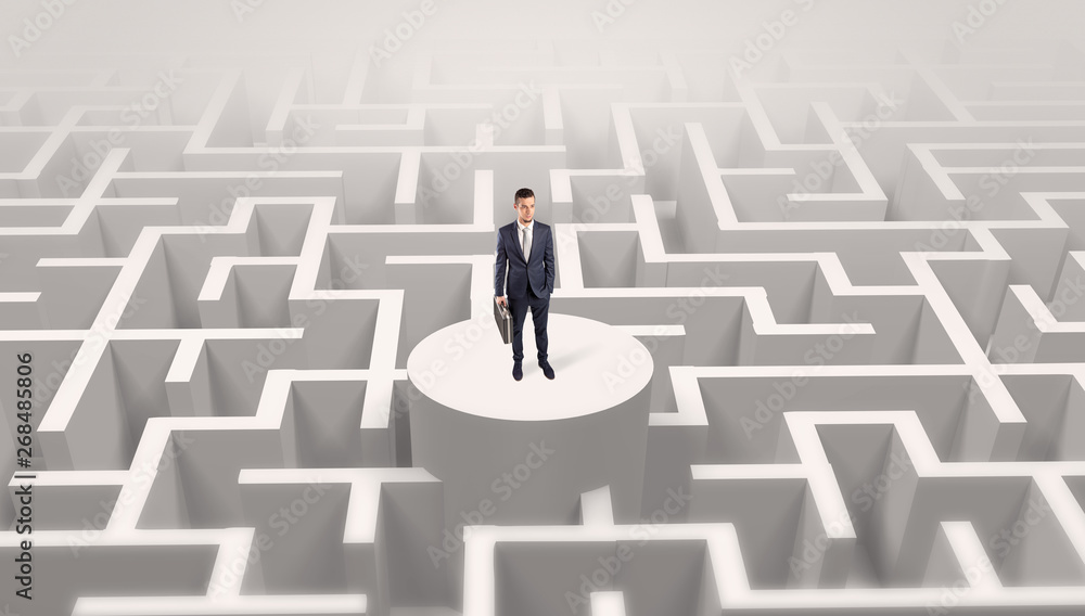 Businessman standing on the top a maze and looking through
Businessman standing on the top a maze and looking through