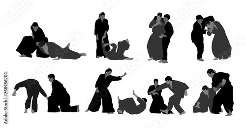 Fight between two aikido fighters vector symbol illustration. Sparring on training action. Self defense skills fighter, exercise concept. Traditional warriors.
