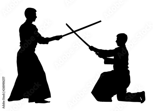 Fight between two aikido fighters vector silhouette symbol illustration. Sparring on training action. Self defense skills fighter, exercise concept. Traditional warriors.