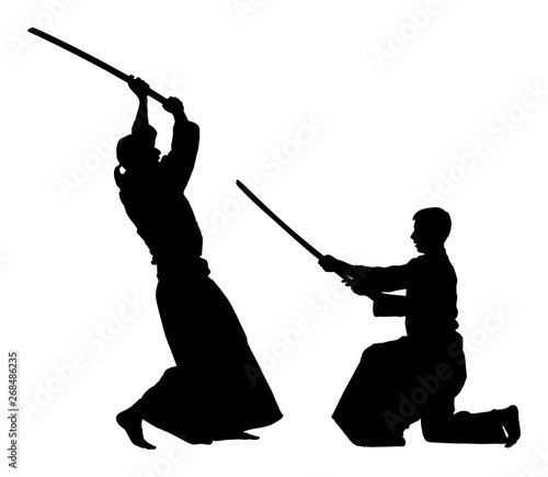 Fight between two aikido fighters vector silhouette symbol illustration. Sparring on training action. Self defense skills fighter, exercise concept. Traditional warriors.