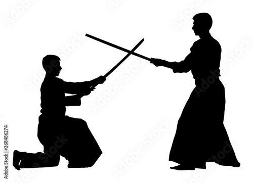 Fight between two aikido fighters vector silhouette symbol illustration. Sparring on training action. Self defense, defence art exercising concept.