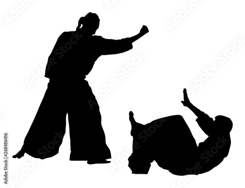 Fight between two aikido fighters vector silhouette symbol illustration. Sparring on training action. Self defense skills fighter, exercise concept. Traditional warriors.