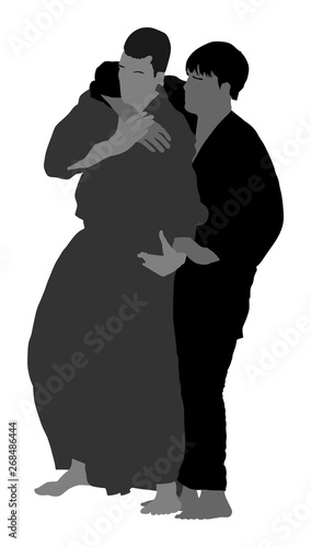 Fight between two aikido fighters vector illustration. Sparring on training action. Self defense, defence art exercising concept. Sparing duel between opponents. Martial skills.