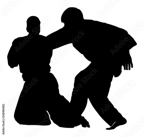 Fight between two aikido fighters vector silhouette symbol illustration. Sparring on training action. Self defense skills fighter, exercise concept. Traditional warriors.