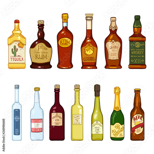 Vector Set of Cartoon Alcohol Drinks Glass Bottles Illustrations