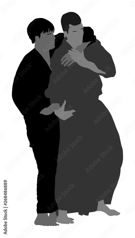 Fight between two aikido fighters vector symbol illustration. Sparring on training action. Self defense, defence art excercising concept. Karate and aikido fighters. Traditional warriors skills. Fight between two aikido fighters vector symbol illustration. Sparring on training action. Self defense, defence art excercising concept. Karate and aikido fighters. Traditional warriors skills.