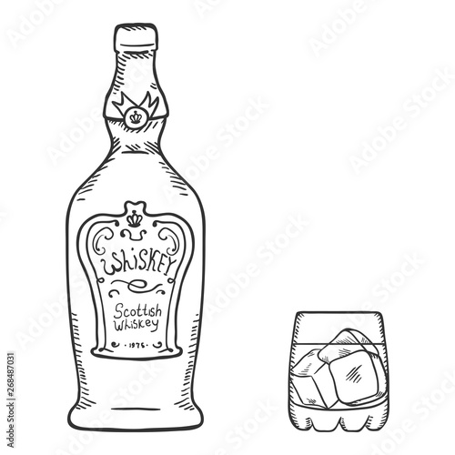 Vector Sketch Illustration - Whiskey Bottle and Glass