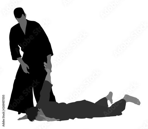 Fight between two aikido fighters vector symbol illustration. Sparring on training action. Self defense, defence art excercising concept. Karate and aikido fighters. Traditional warriors skills.