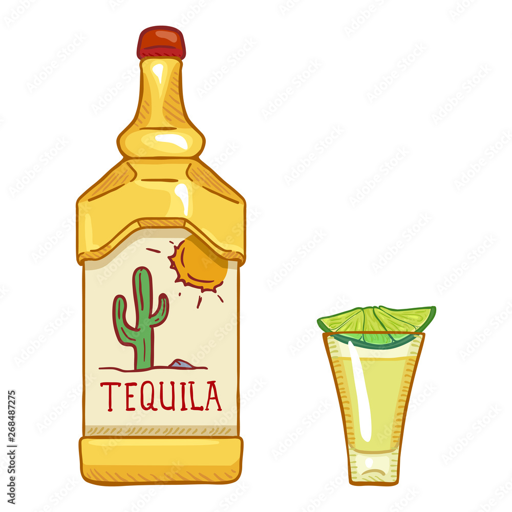 Vector Cartoon Illustration Tequila Bottle and Shot with Lime Slice