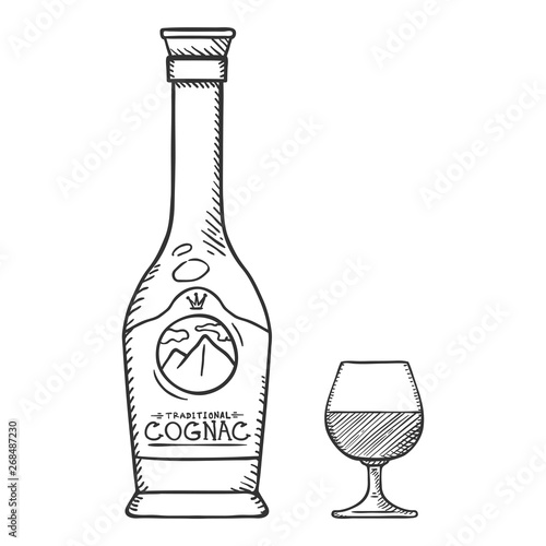 Vector Sketch Illustration - Cognac Bottle and Glass