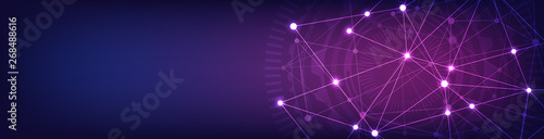 Website header or banner design with abstract geometric background and connecting dots and lines. Global network connection. Digital technology with plexus background and space for your text.