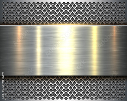 Metallic background silver 3d shiny metal banner and perforated pattern