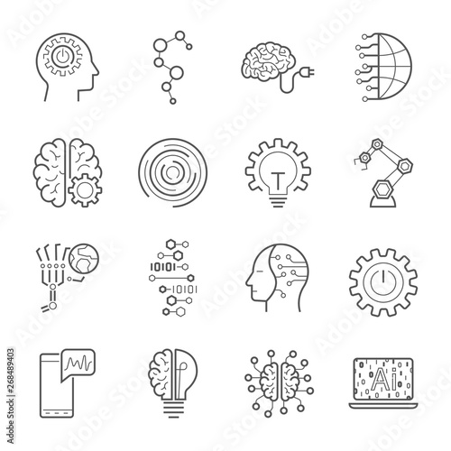 Simple Set of Artificial Intelligence Related Vector Line Icons. Contains such Icons as Face Recognition, Algorithm, Self-learning and more. Editable Stroke. EPS 10