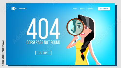 Oops Page Not Found 404 Error Landing Page Vector. Character Female Looking Through Magnifying Glass Creative Design Concept Of Failure Website Or Web Page. Flat Cartoon Illustration