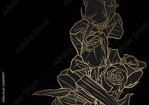 Golden Drawing of a Bouquet of Roses on a Black Background - Hand Drawn Illustration, Vector Graphic