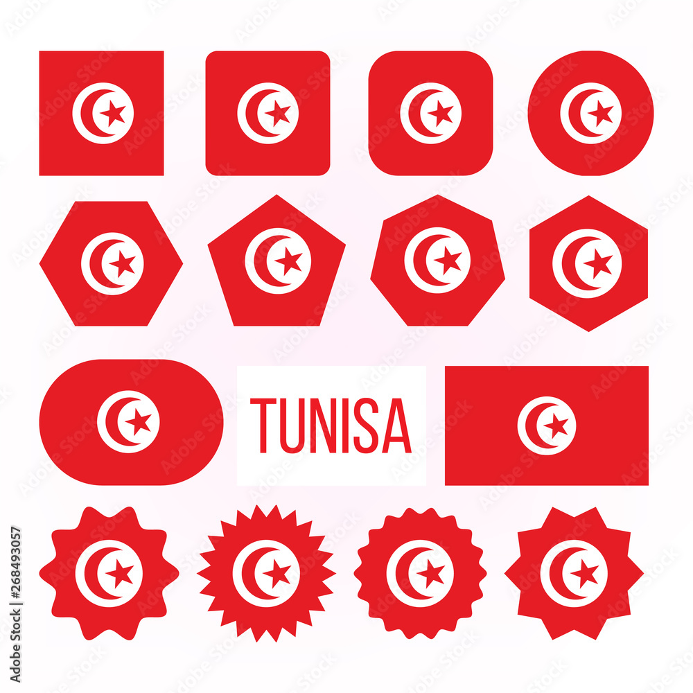 Tunisia Flag Collection Figure Icons Set Vector. Red Color With Crescent And Eight-pointed Star Centered On National Symbol Of Republic Tunisia North African Country. Flat Cartoon Illustration Tunisia Flag Collection Figure Icons Set Vector. Red Color With Crescent And Eight-pointed Star Centered On National Symbol Of Republic Tunisia North African Country. Flat Cartoon Illustration