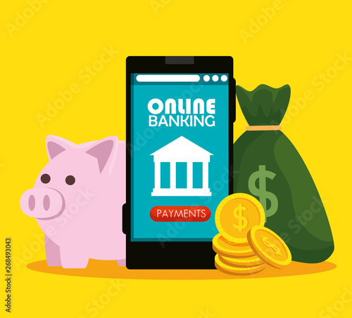 electronic smartphone with online banking technology and money bag