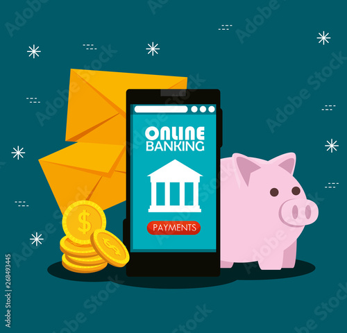 electronic smartphone with online banking technology and coins with piggy