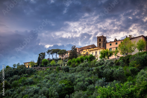 Montecatini Alto - medieval village above Montecatini Terme town with surrounding landscape at sunset in Tuscany  Italy  Europe.