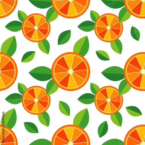Seamless pattern with decorative oranges and leaves. Summer garden. Vector illustration. Can be used for wallpaper, textile, invitation card, wrapping, web page background.