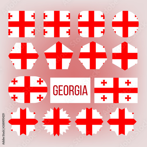 Georgia Flag Collection Figure Icons Set Vector. National Patriotism Symbol Of Caucasus Region Of Eurasia Country Five Cross Red Flag On White Background. Flat Cartoon Illustration