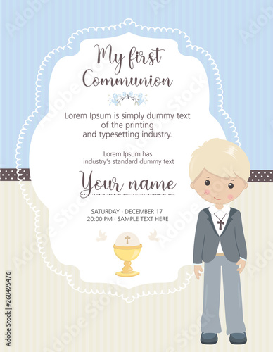 My first communion invitation vertical. Boy invitation with cute frame