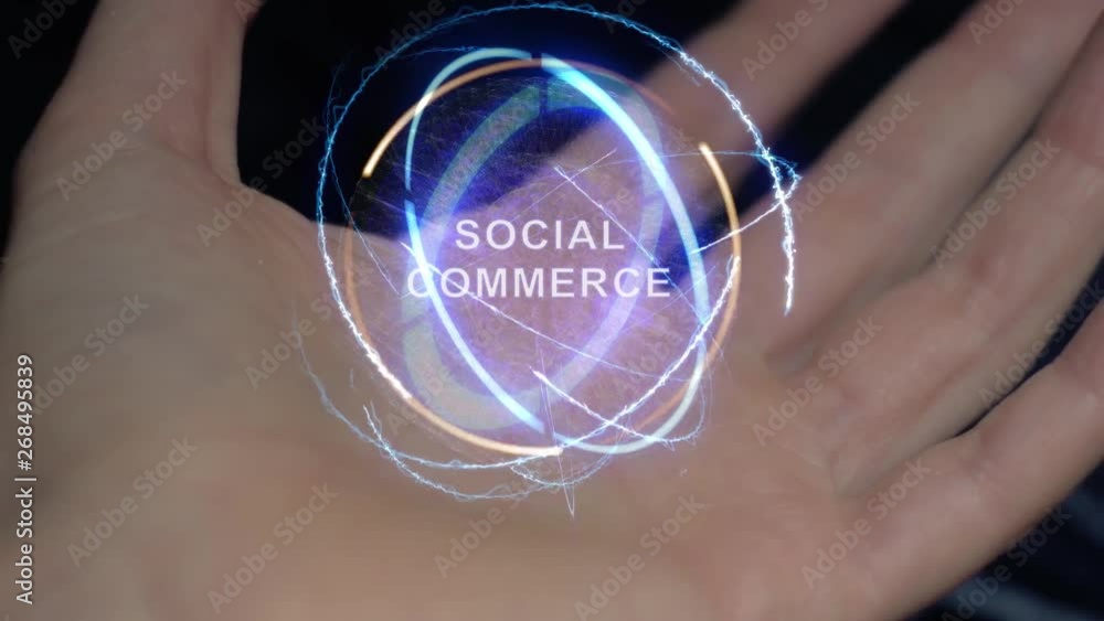 Social commerce text in a round conceptual hologram on a female hand. Close-up of a hand on a black background with future holographic technology Social commerce text in a round conceptual hologram on a female hand. Close-up of a hand on a black background with future holographic technology
