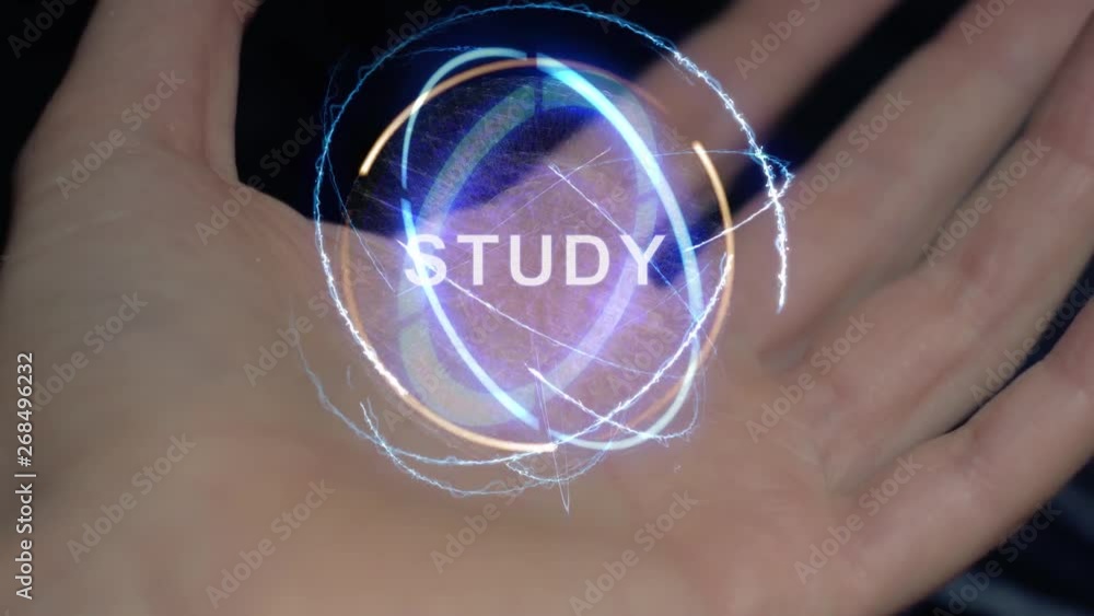 Study text in a round conceptual hologram on a female hand. Close-up of a hand on a black background with future holographic technology Study text in a round conceptual hologram on a female hand. Close-up of a hand on a black background with future holographic technology