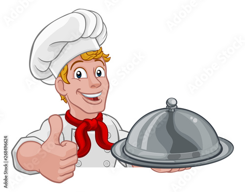 A chef holding a silver plate or platter domed cloche of food peeking over a sign and giving a thumbs up cartoon.