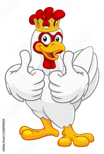 A chicken rooster cockerel bird cartoon character in a kings gold crown giving a double thumbs up