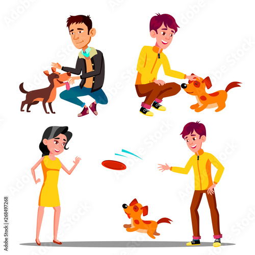 Characters Walking With Domestic Animal Set Vector. Man And Woman Walking, Petting And Playing Frisbee With Happy Running And Jumping Pet Dog. Outdoor Activity Flat Cartoon Illustration