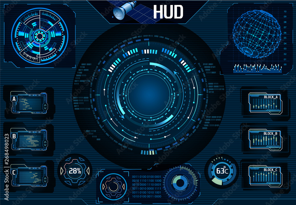 HUD satellite UI. Navigator, Camera. Infographic elements. Technology ...