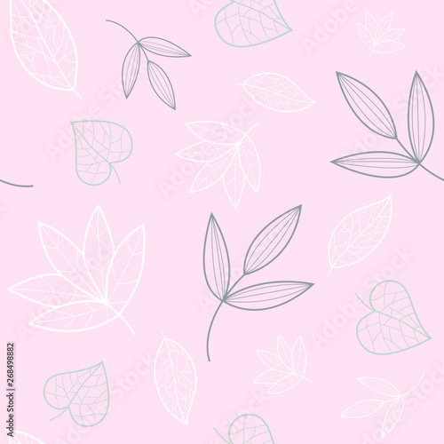 Pink, white green floral leaves seamless pattern. Great for modern wallpaper, backgrounds, invitations, packaging design projects. Surface pattern design. Vector