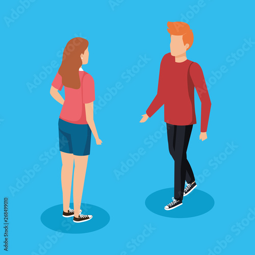 nice woman and man talking with casual clothes