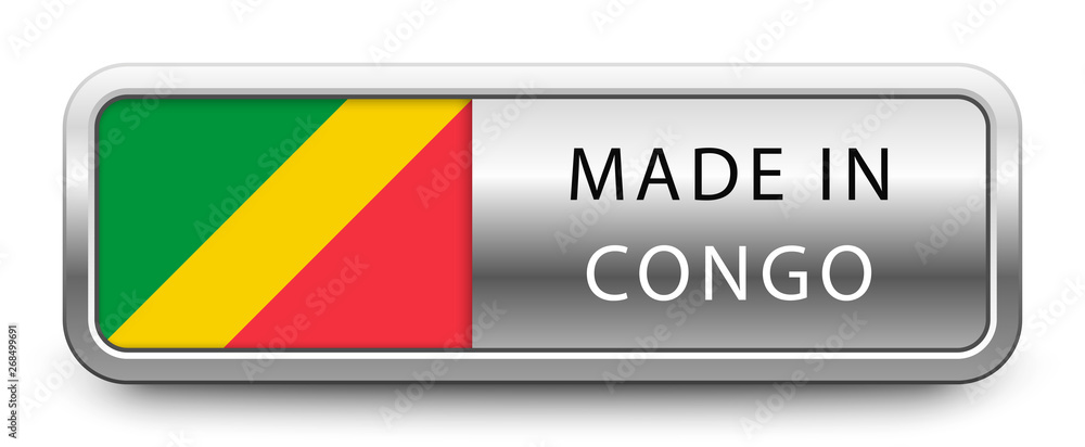 MADE IN CONGO metallic badge with national flag isolated on white background MADE IN CONGO metallic badge with national flag isolated on white background