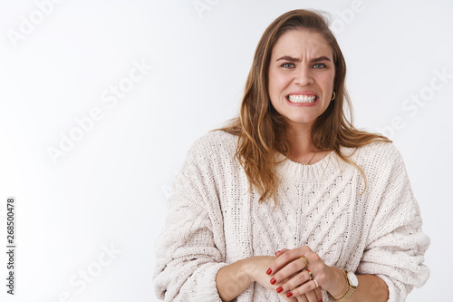Photography Woman feeling awkward intense feeling problems, making huge mistake worrying gri