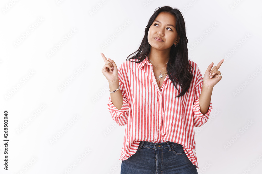Choices hard make when everything high quality. Portrait of thoughtful unsure attractive female shopping pointing up left and right, sideways while thinking, picking one from different variants Choices hard make when everything high quality. Portrait of thoughtful unsure attractive female shopping pointing up left and right, sideways while thinking, picking one from different variants