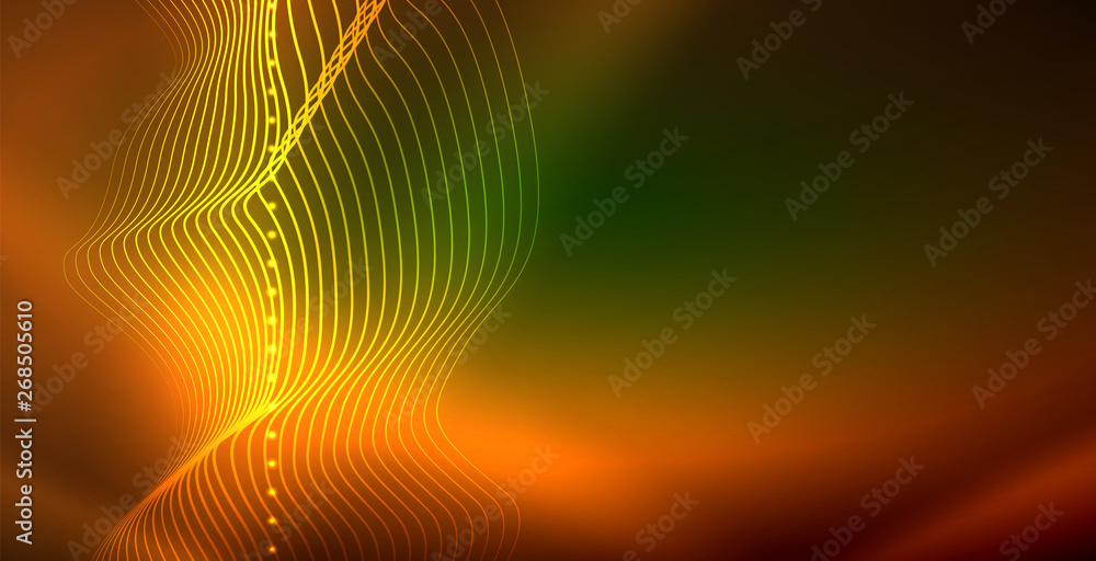 Glowing abstract wave on dark, shiny motion, magic space light. Techno abstract background Glowing abstract wave on dark, shiny motion, magic space light. Techno abstract background