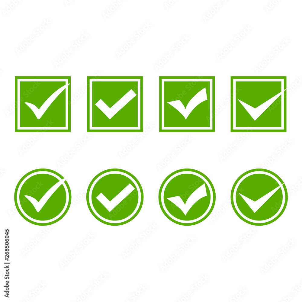 set of green check marks in a circle and a square on a white background set of green check marks in a circle and a square on a white background