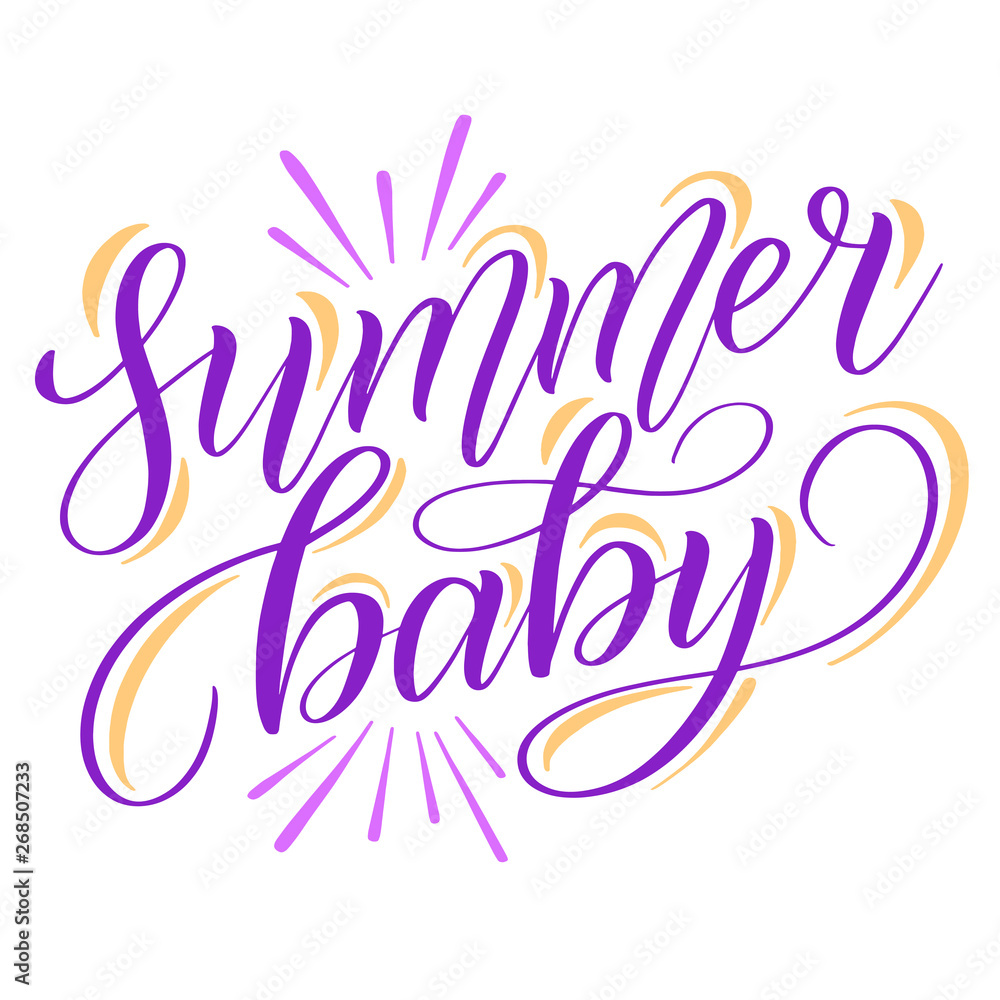 Naklejka premium Summer baby. Childish design element for seasonal children's clothes. Purple isolated cursive with decorative ornament. Calligraphic style. Script lettering. Vector.