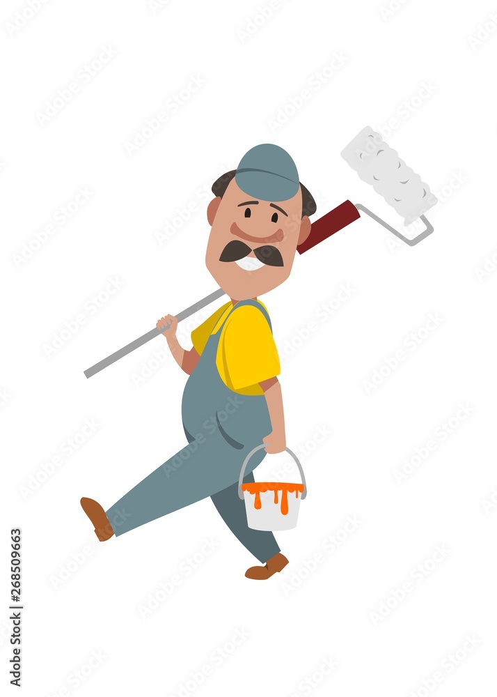 painter in work overalls with a bucket of paint and paint roller goes smiling painter in work overalls with a bucket of paint and paint roller goes smiling